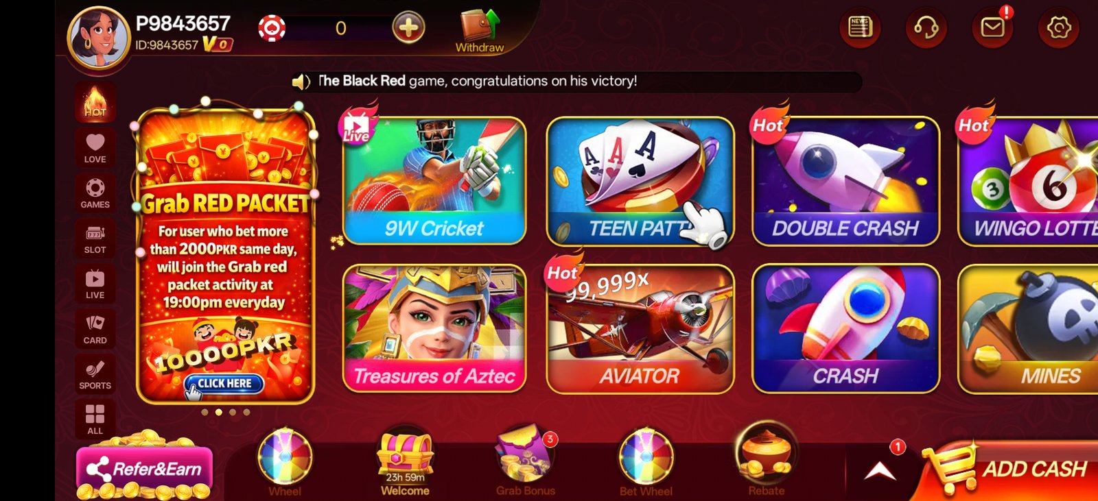 S9 Game app lobby showing slot games, daily bonus and wallet on an Android phone