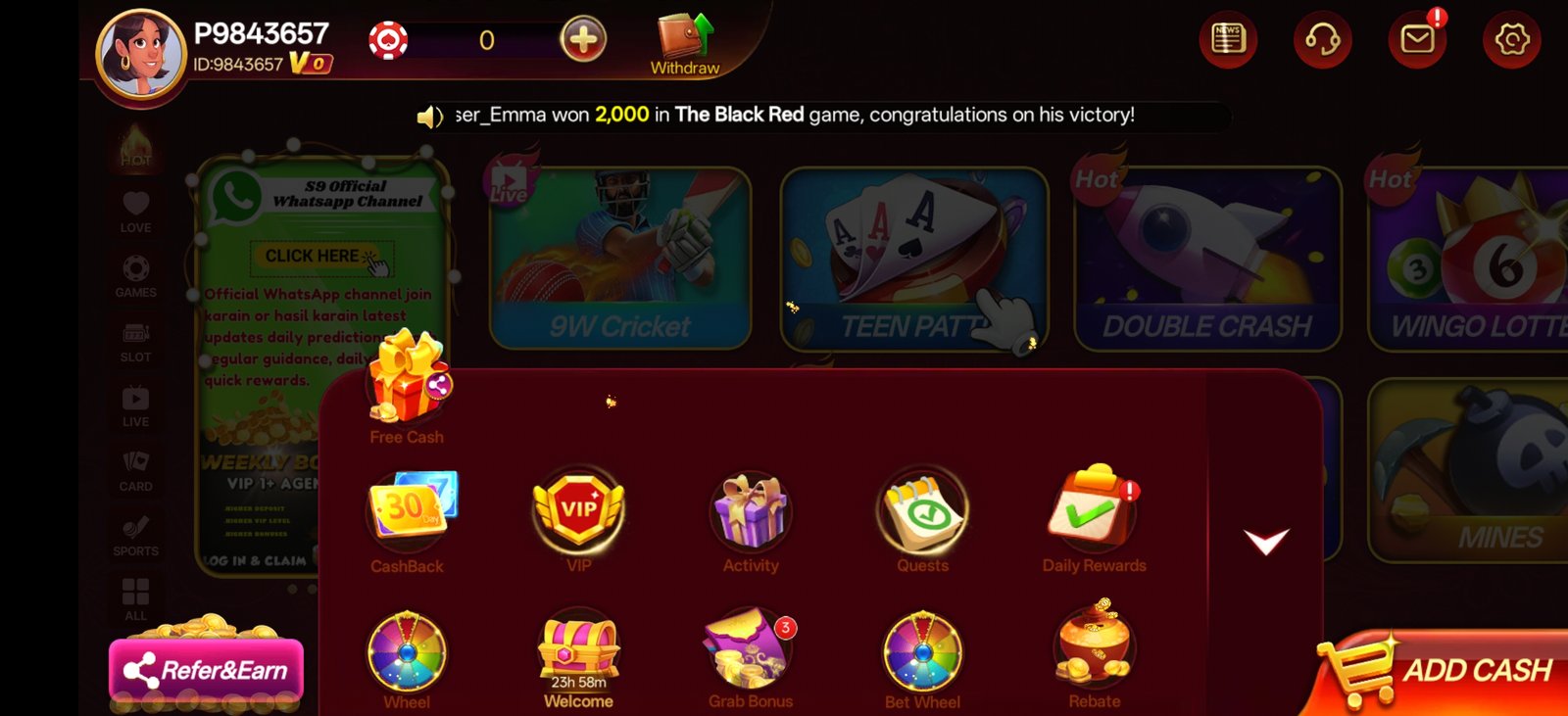 S9 Game referral and earning programme screen